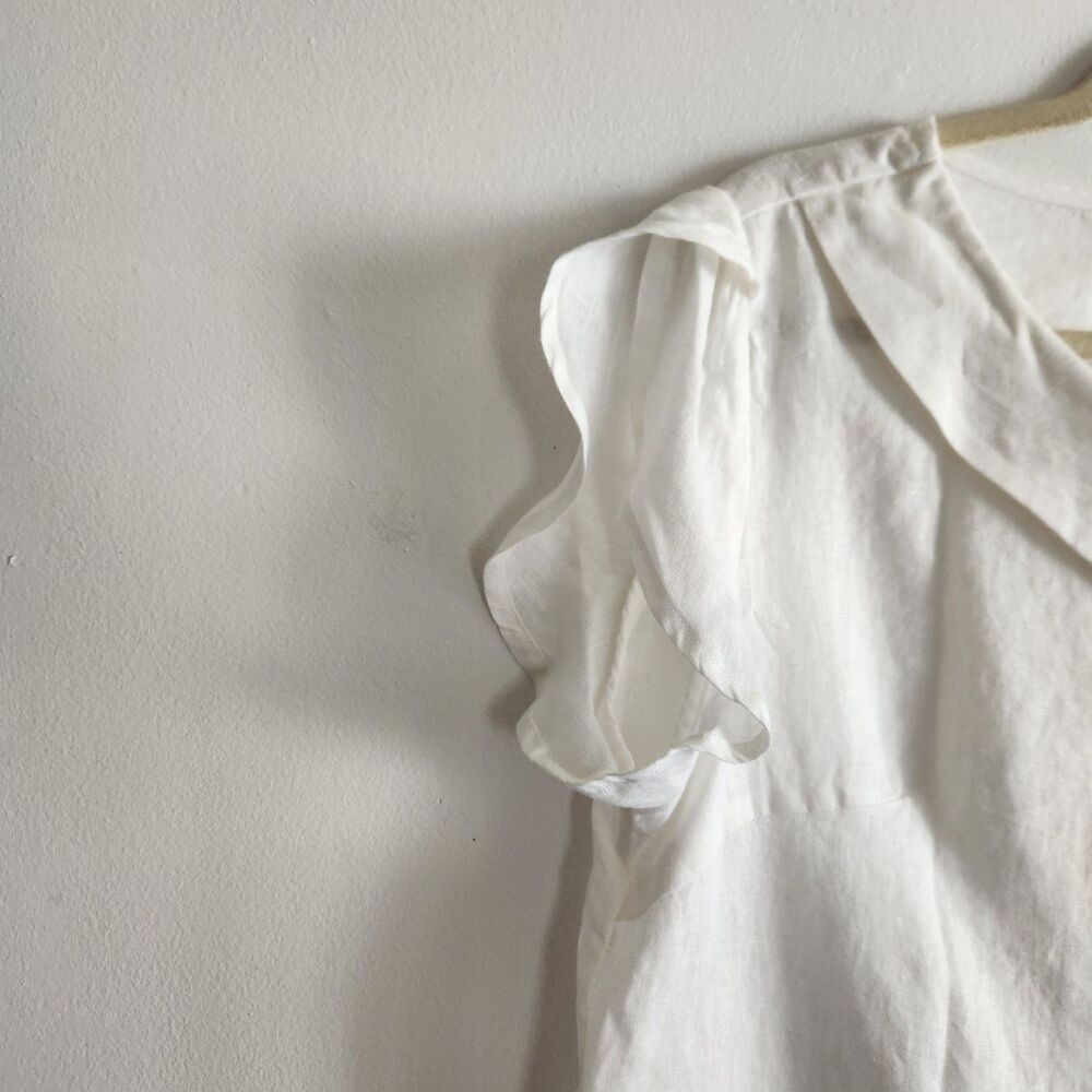 Lintico white 100% linen L short sleeve button detail coastal minimalist dainty - Picture 6 of 9